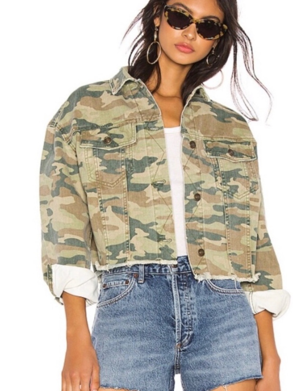 Free People Camo Cropped Denim Jacket